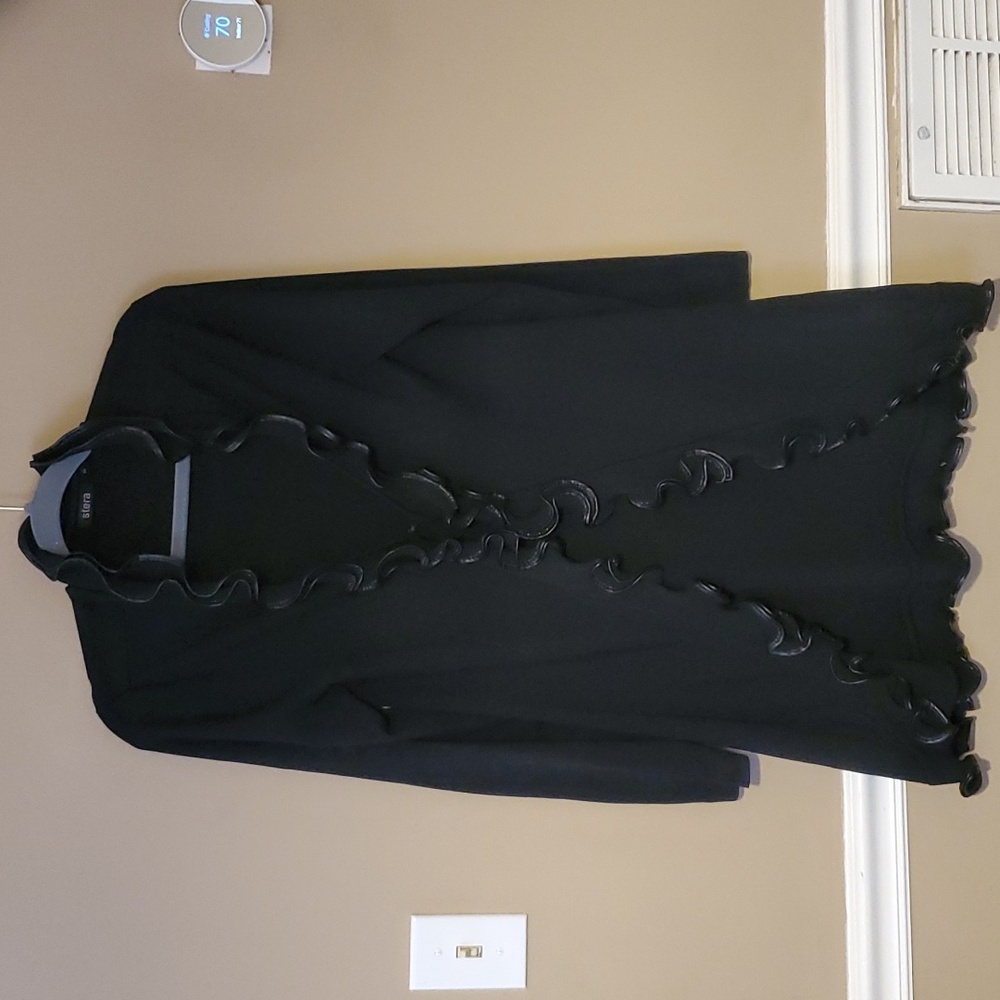Stera Faux Leather Ruffle Trim Cardigan In Black Size M